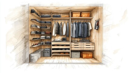 Modern wardrobe interior design with organized shelves and stylish storage solutions in warm wooden tones