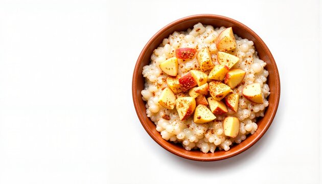 Bowl of oatmeal with diced apples and cinnamon, isolated on white background, perfect for branding.