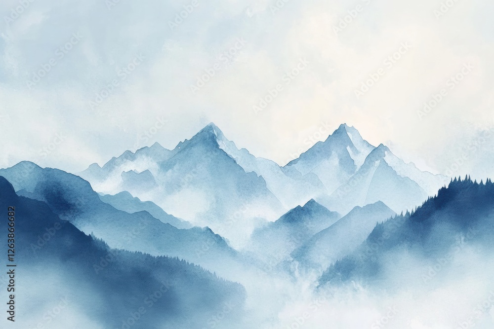Poster majestic mountain peaks rise above a veil of mist and soft clouds at dawn in a serene landscape. gen