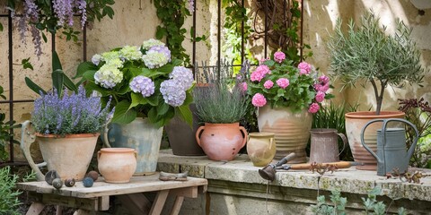 Rustic floral display, lavender, hydrangeas, pink geraniums in weathered pots on weathered stone with a metal watering can, soft natural light