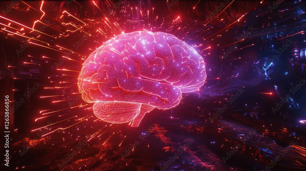 Poster a glowing brain surrounded by a dynamic burst of energy and light in a colorful cyberspace, symboliz