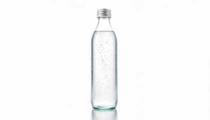 Bottle of mineral water with condensation, isolated on white background, great for hydration ads.