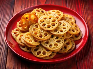 From above, crispy lotus root chips shine on a red plate, a delicious and visually appealing Asian treat.