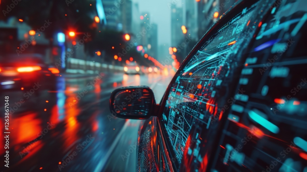 Poster a vibrant close-up of a car window displaying digital interface elements, with a city in the backgro
