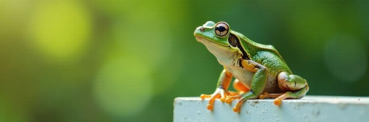 Obraz premium Large frog perched on a white panel in a serene environment, gazing out into the distance , wildlife, pond, animal