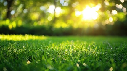 Naklejka premium Lush Green Grass Illuminated By Sunset Sunlight