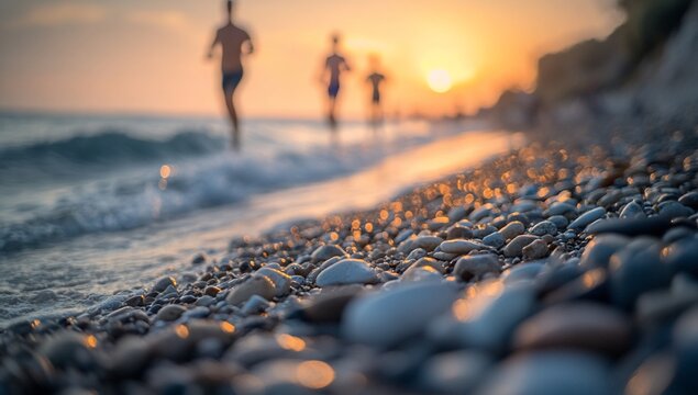 Sunset beach scene with people running in the shallow water, focus on pebbles.
