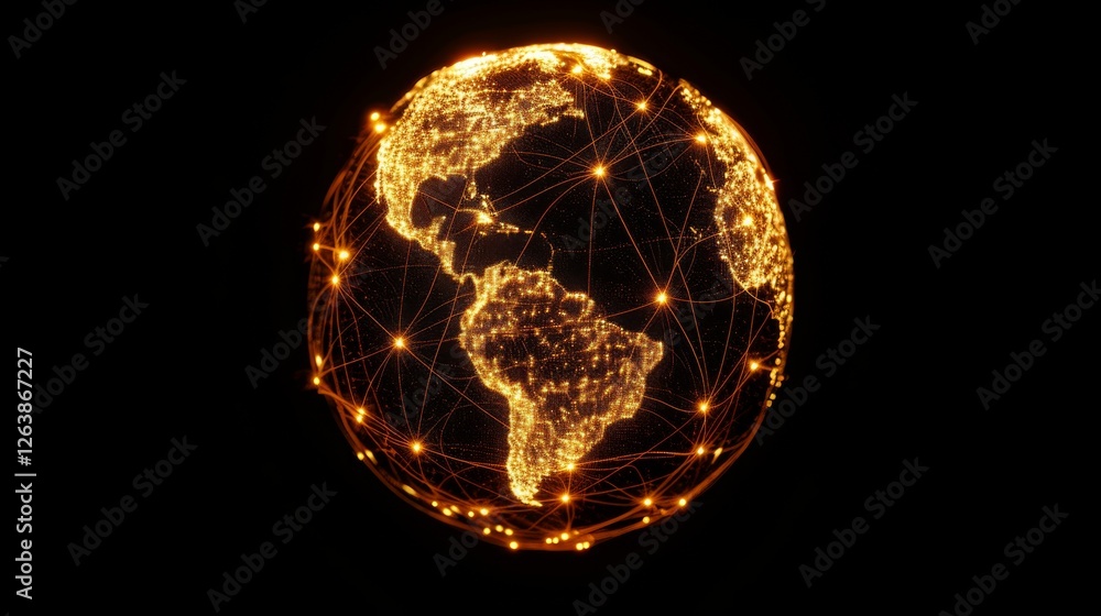 Poster illuminated globe in a dark background, featuring golden lines and points symbolizing global network