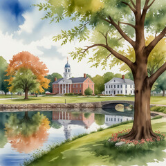 Obraz premium watercolor illustration of Andover, Massachusetts, featuring its historic downtown area and surrounding nature