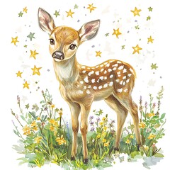 Adorable Watercolor Fawn in a Starry Meadow