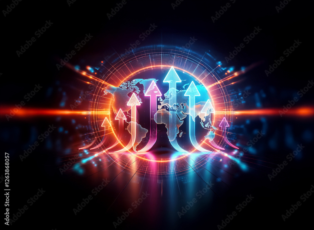 Poster glowing globe with upward arrows indicates global growth and connection. neon lights illuminate the 