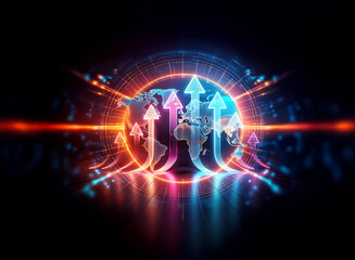 Obraz premium Glowing globe with upward arrows indicates global growth and connection. Neon lights illuminate the world, symbolizing progress and expansion in a technological context.