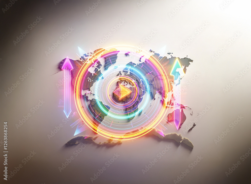 Poster abstract world map with concentric glowing rings and arrows indicating directional flows, representi