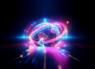Obraz premium Futuristic glowing globe with vibrant neon light trails in blue and pink orbiting it. Dark backdrop with emanating light streaks. Energetic design.