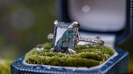 Futuristic Engagement Ring with Circuit Board Centerpiece in Velvet Box, Macro Shot, Green Moss, Natural Light, Concept, Unique, Contemporary