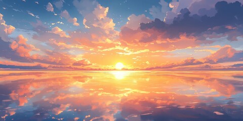Fototapeta premium Vibrant sunset sky ablaze in oranges, pinks, blues, and purples, with a glowing sun casting an amber glow over the horizon's edge