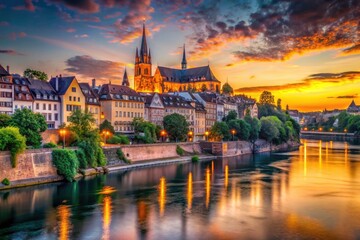 Fototapeta premium Golden hour illuminates Basel's Old Town, a breathtaking Swiss sunrise panorama.