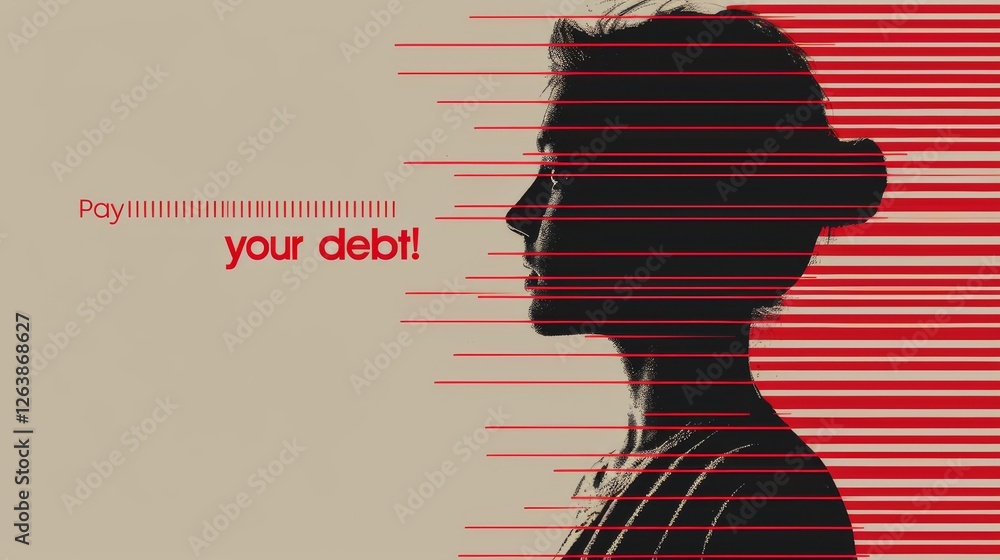 Poster a profile of a woman's silhouette intersected with sharp red lines and pay your debt text, creating 