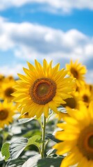 Sunflower field, sunny day, blue sky. Nature wallpaper, summer mood