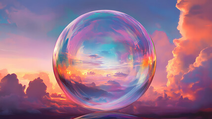 A large, iridescent bubble floats in a surreal, colorful sky, evoking a sense of wonder and nostalgia. Opalescent Skies. Illustration