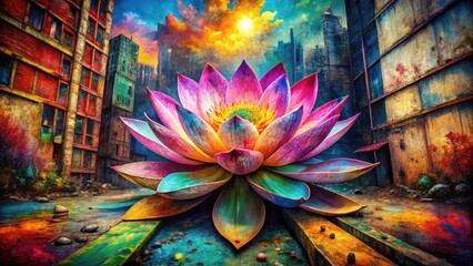Fototapeta premium Grunge street art meets vibrant lotus. Colorful floral print on a tee. Explore the city.