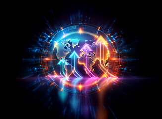 Fototapeta premium A luminous globe with vibrant arrows pointing upwards, symbolizing global growth and progress. The abstract design features dynamic, glowing lines against a dark backdrop.