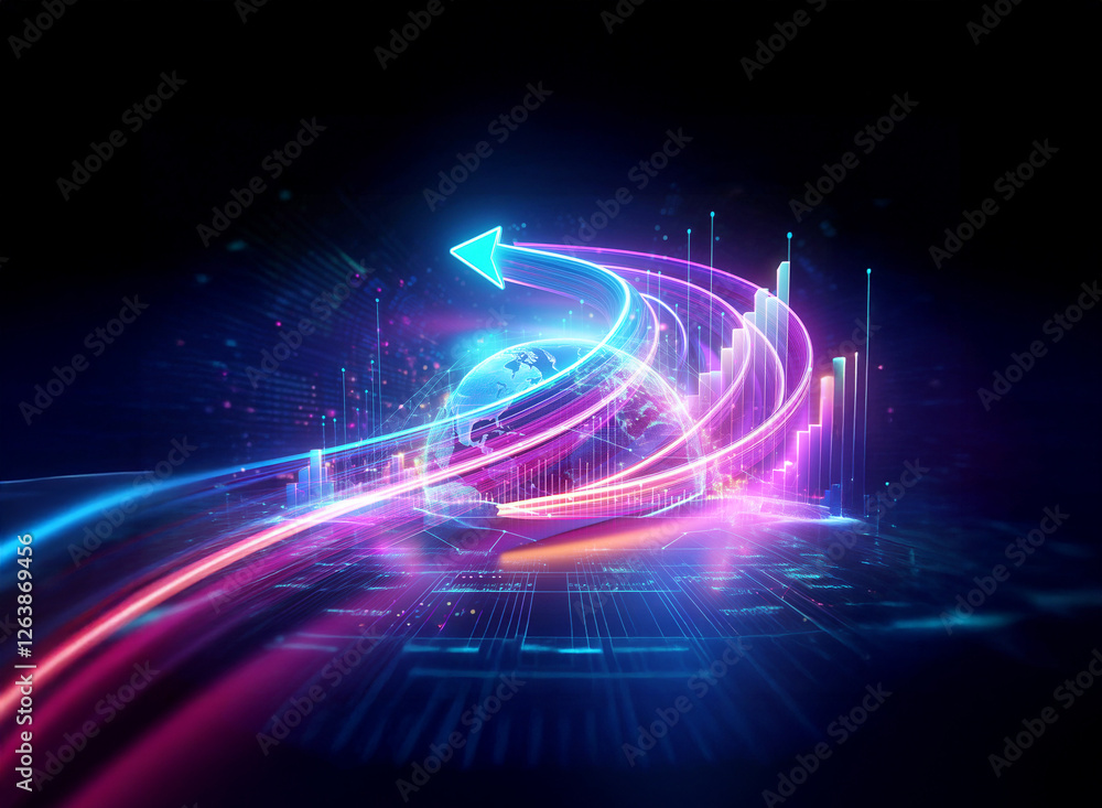 Poster vibrant neon arrows trace a dynamic upward path over a glowing globe, symbolizing progress and growt