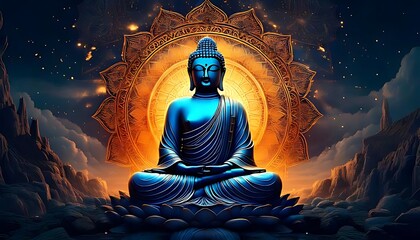 A luminous blue Buddha meditates serenely, encircled by a golden mandala beneath a mystic starlit sky.