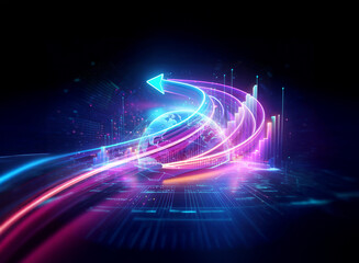 Obraz premium Vibrant neon arrows trace a dynamic upward path over a glowing globe, symbolizing progress and growth in a futuristic digital landscape.