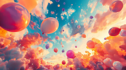 Fototapeta premium Balloons fill the sky with a kaleidoscope of colors, iridescent, sky. Opalescent Skies. Illustration