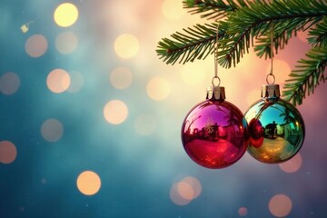 Fototapeta premium Colorful glass ornaments hanging from a branch, ornaments, holiday decoration, winter wonderland