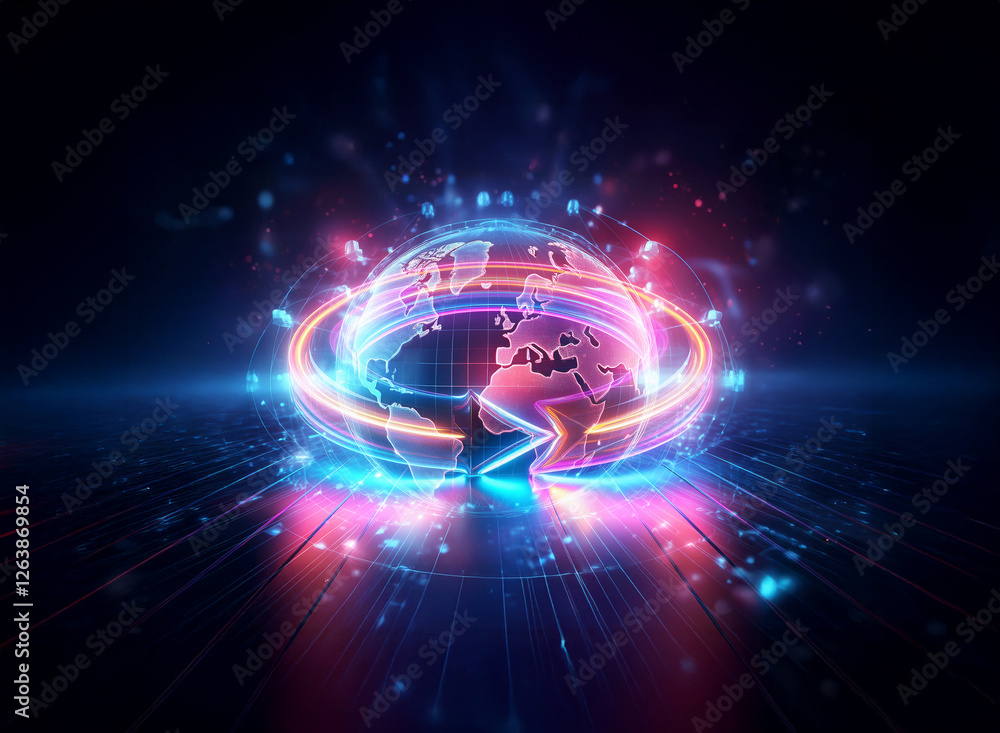 Poster glowing globe encircled by vibrant rings and radiant beams against a dark backdrop. illuminated ener