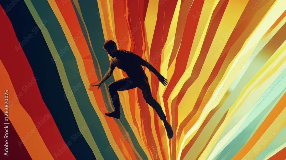 Poster a silhouette of a person dynamically posed against a striking background of flowing multicolored str