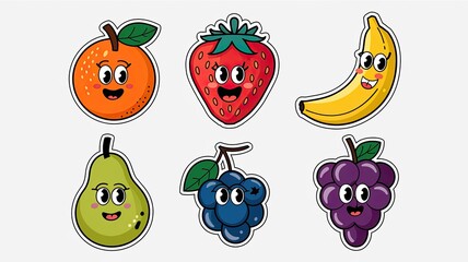 Colorful Graphic Stickers on White, Cute Orange, Strawberry, Banana, Pear, Blueberry, and Grapes with Kawaii Style Faces