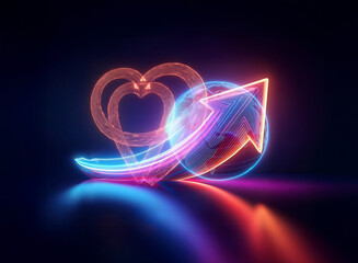 Neon heart and arrow glow brightly on a dark reflective surface.  The shapes are illuminated with vibrant red, orange, pink, and blue light, creating a modern and energetic feel.