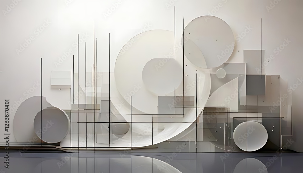 Poster abstract composition featuring overlapping translucent geometric forms, lines, and subtle surface te