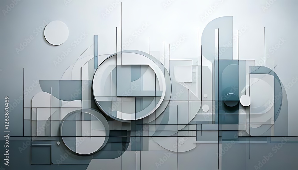 Poster abstract composition using overlapping translucent geometric shapes in shades of blue and gray.