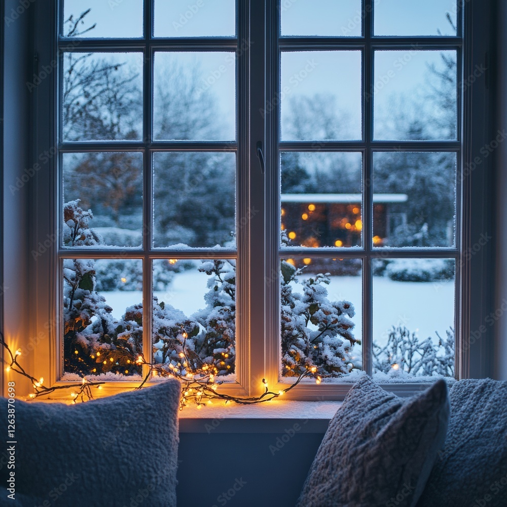 Aufkleber winter evening view from a cozy window adorned with lights and a snowy landscape outside. generative