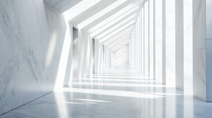 Obraz premium Sunlit modern white marble hallway with columns and perspective.