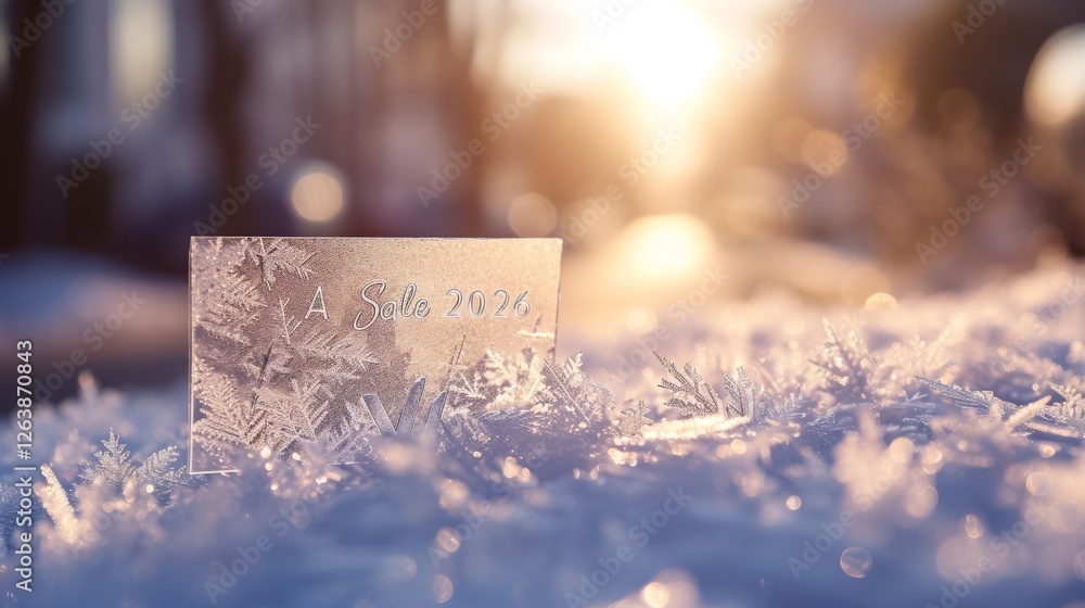 Poster a card with intricate snowflake patterns rests on frosty ground, illuminated by warm sunlight, creat