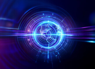 Obraz premium Stylized digital globe with radiating circles and light trails. Futuristic, technological design with glowing blue and purple hues. Abstract and vibrant.
