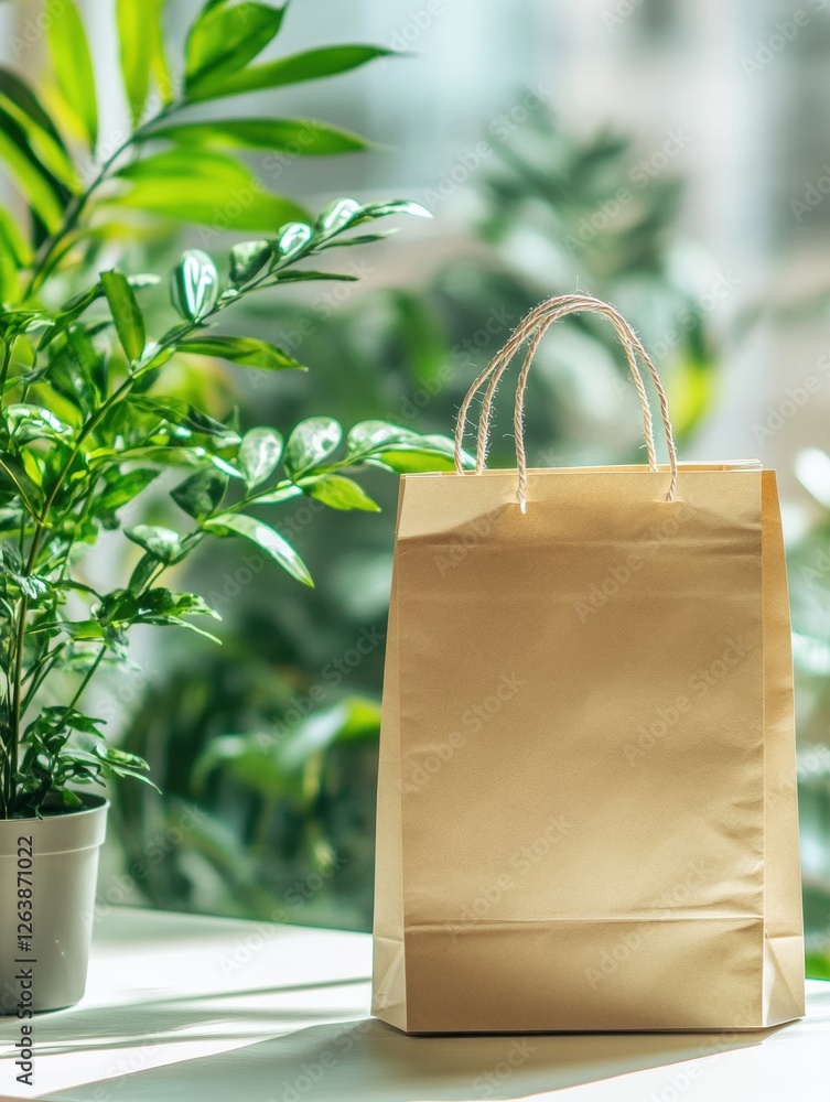 Aufkleber eco friendly paper bag with blank area for custom text surrounded by vibrant green plants in bright 