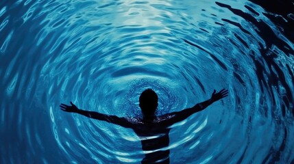 Underwater silhouette, arms outstretched, pool ripples, night scene, relaxation