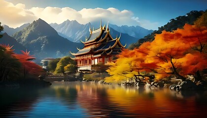 Asian temple reflects in lake, surrounded by autumn trees beneath mountain skyline under a cloudy sky.