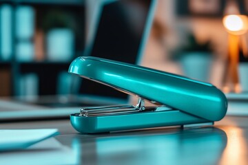 Teal stapler on a desk in a modern office.