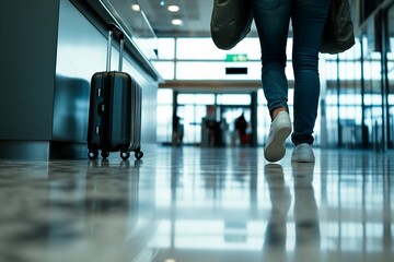 Fototapeta premium Woman's legs and small suitcase in airport terminal.