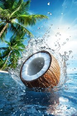 Fototapeta premium ropical Coconut Splash With Water In Front Of Palm Trees