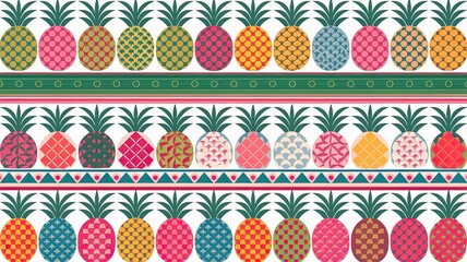Colorful Pineapple Pattern Background, Seamless Tropical Fruit Design with Retro Style and Geometric Details, Fun and Vibrant, Summer Theme