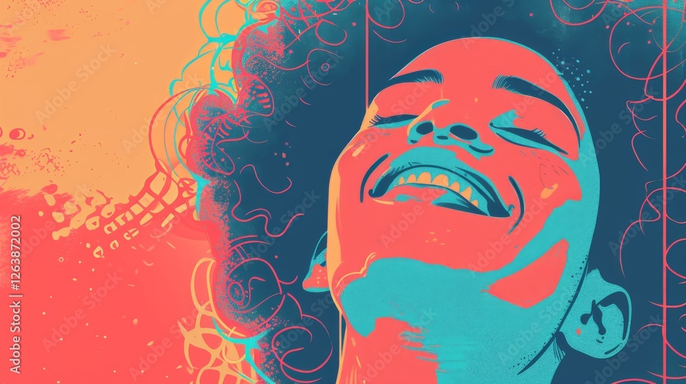 Poster dynamic and colorful abstract artwork featuring a person with a joyful smile. bright tones and swirl