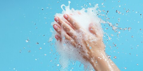 Fototapeta premium Hands washing with soap and water, blue background, hygiene
